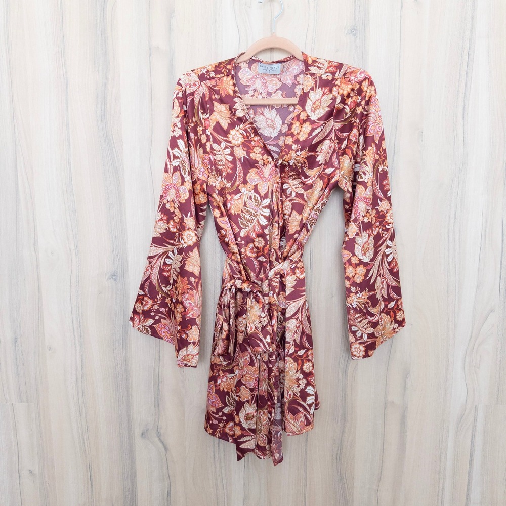 Dress Forum Floral Wrap Mini Dress S Red Paisley Flare Sleeve‎